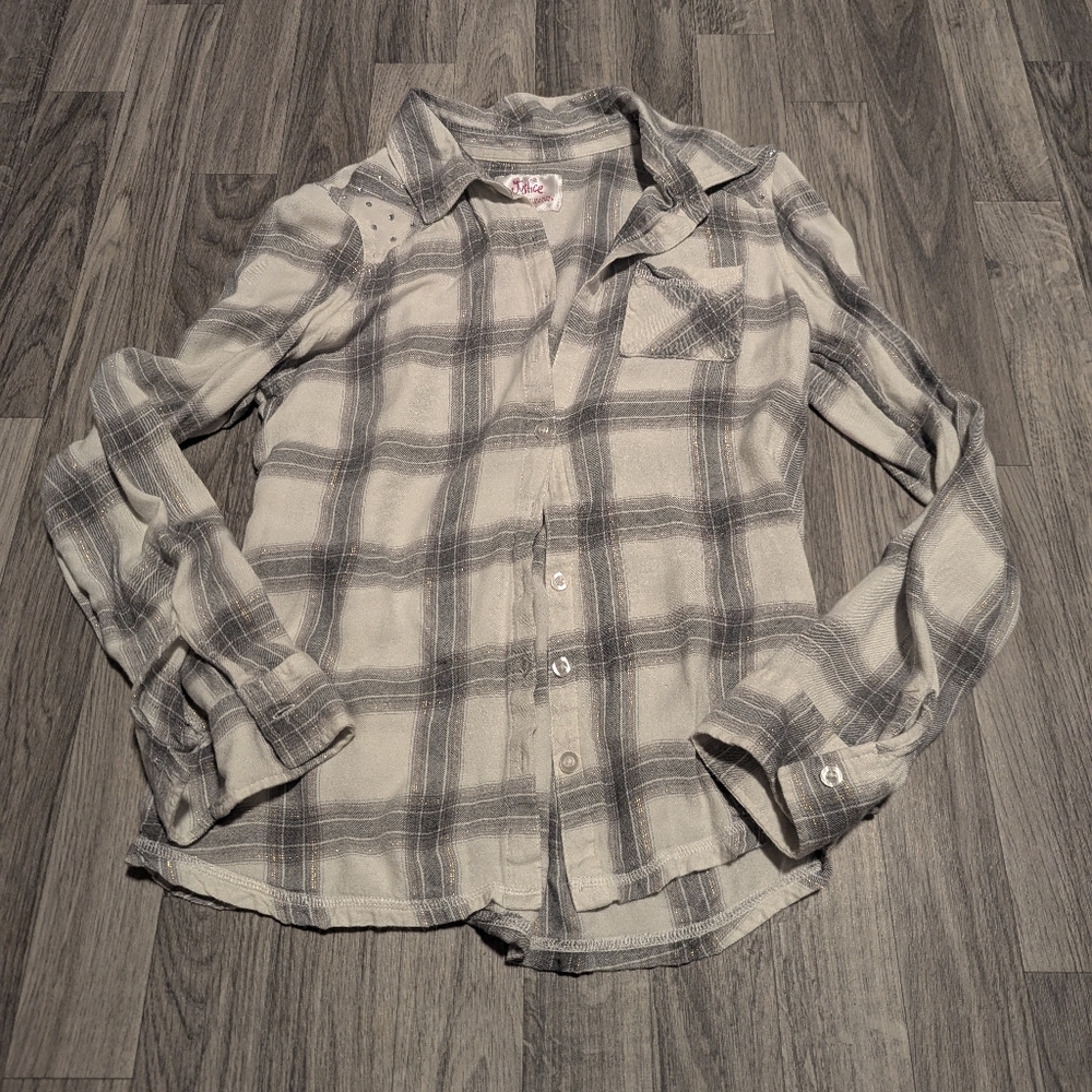 Girls Justice Gray And White Plaid Sparkly Button Up Shirt Size 16